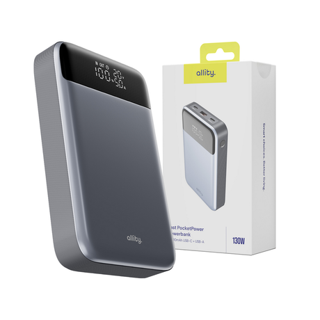 ALLITY APB-200 powerbank polnilna baterija, 19.200mAh, 130W, 2x USB-C, 1x USB-A, LCD zaslon, Power Delivery, Quick Charge, Plug&Play, +kabel 100W, siva