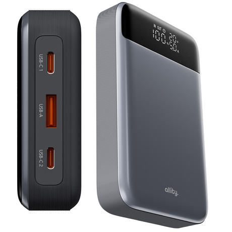 ALLITY APB-200 powerbank polnilna baterija, 19.200mAh, 130W, 2x USB-C, 1x USB-A, LCD zaslon, Power Delivery, Quick Charge, Plug&Play, +kabel 100W, siva