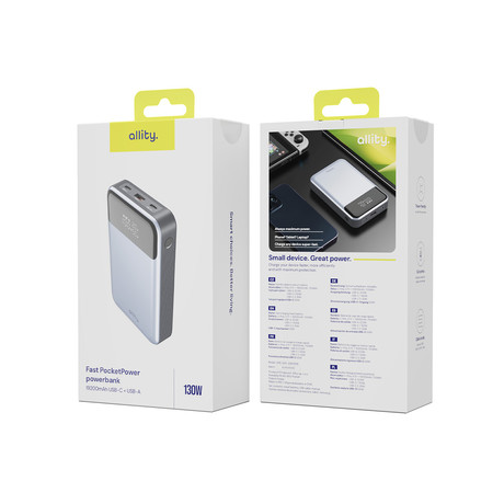 ALLITY APB-200 powerbank polnilna baterija, 19.200mAh, 130W, 2x USB-C, 1x USB-A, LCD zaslon, Power Delivery, Quick Charge, Plug&Play, +kabel 100W, siva
