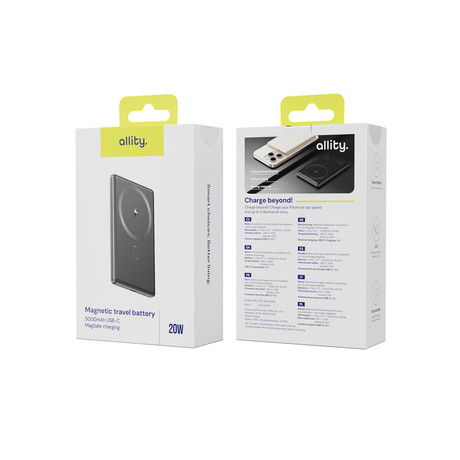 ALLITY APB-300 powerbank polnilna baterija, 5.000mAh, 20W, 1x USB-C, brezžično polnjenje, MagSafe tehnologija, Power Delivery, Quick Charge, Plug&Play, siva