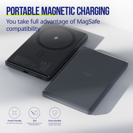 ALLITY APB-300 powerbank polnilna baterija, 5.000mAh, 20W, 1x USB-C, brezžično polnjenje, MagSafe tehnologija, Power Delivery, Quick Charge, Plug&Play, siva