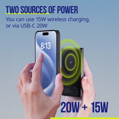 ALLITY APB-300 powerbank polnilna baterija, 5.000mAh, 20W, 1x USB-C, brezžično polnjenje, MagSafe tehnologija, Power Delivery, Quick Charge, Plug&Play, siva