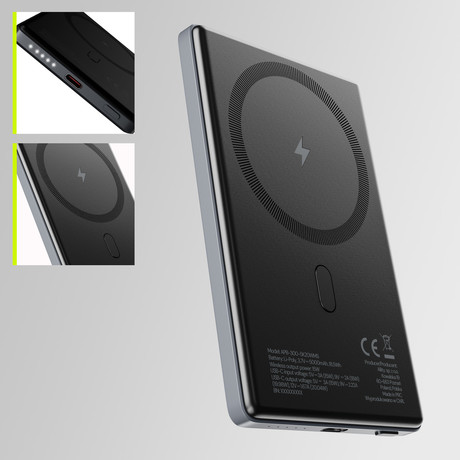 ALLITY APB-300 powerbank polnilna baterija, 5.000mAh, 20W, 1x USB-C, brezžično polnjenje, MagSafe tehnologija, Power Delivery, Quick Charge, Plug&Play, siva