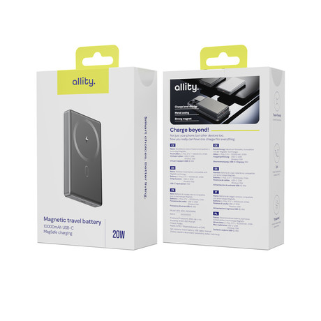 ALLITY APB-300 powerbank polnilna baterija, 10.000mAh, 20W, 1x USB-C, brezžično polnjenje, MagSafe tehnologija, Power Delivery, Quick Charge, Plug&Play, siva