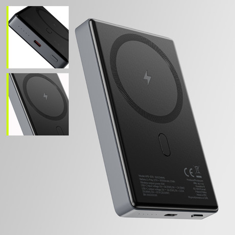 ALLITY APB-300 powerbank polnilna baterija, 10.000mAh, 20W, 1x USB-C, brezžično polnjenje, MagSafe tehnologija, Power Delivery, Quick Charge, Plug&Play, siva