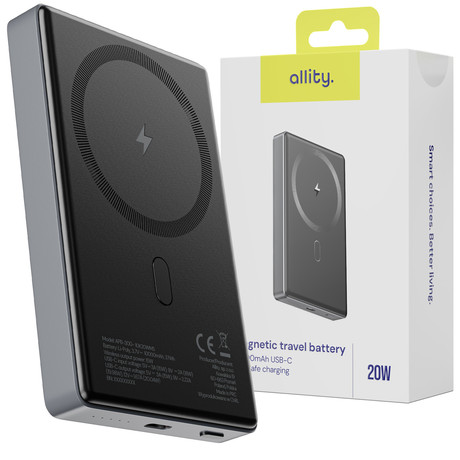 ALLITY APB-300 powerbank polnilna baterija, 10.000mAh, 20W, 1x USB-C, brezžično polnjenje, MagSafe tehnologija, Power Delivery, Quick Charge, Plug&Play, siva