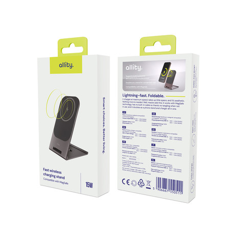 ALLITY AWC-200-15WMS brezžični polnilec / stojalo, univerzalni, 15W brezžično polnjenje, MagSafe tehnologija, nastavljiv naklon, USB-C, priložen kabel, siv (Graphite)