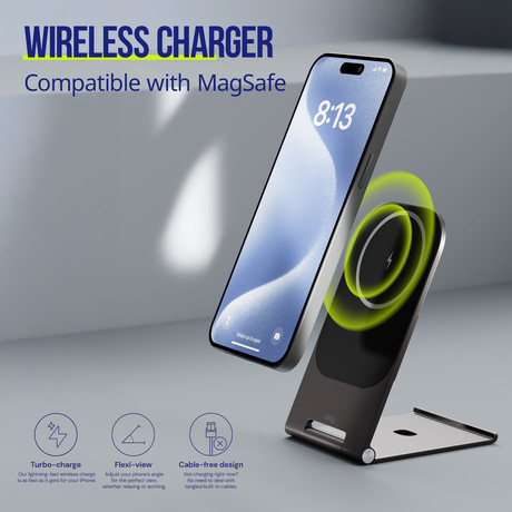 ALLITY AWC-200-15WMS brezžični polnilec / stojalo, univerzalni, 15W brezžično polnjenje, MagSafe tehnologija, nastavljiv naklon, USB-C, priložen kabel, siv (Graphite)