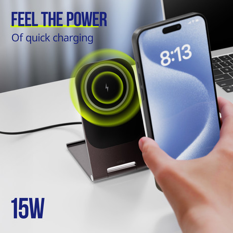 ALLITY AWC-200-15WMS brezžični polnilec / stojalo, univerzalni, 15W brezžično polnjenje, MagSafe tehnologija, nastavljiv naklon, USB-C, priložen kabel, siv (Graphite)