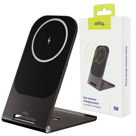 ALLITY AWC-200-15WMS brezžični polnilec / stojalo, univerzalni, 15W brezžično polnjenje, MagSafe tehnologija, nastavljiv naklon, USB-C, priložen kabel, siv (Graphite)