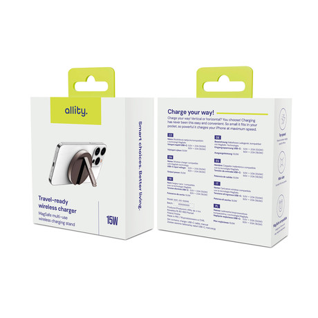ALLITY AWC-210-15WMS brezžični polnilec / stojalo, univerzalni, 15W brezžično polnjenje, MagSafe tehnologija, nastavljiv naklon, USB-C, priložen kabel, siv (Graphite)