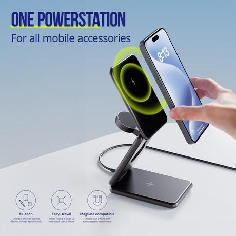 ALLITY AWC-230-225WMS brezžični polnilec / stojalo / polnilna postaja, univerzalni, 22.5W brezžično polnjenje, MagSafe tehnologija, nastavljiv naklon, USB-C, priložen kabel, siv (Graphite)