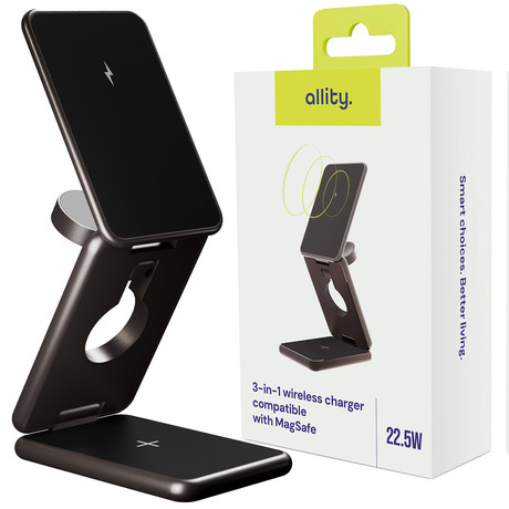 ALLITY AWC-230-225WMS brezžični polnilec / stojalo / polnilna postaja, univerzalni, 22.5W brezžično polnjenje, MagSafe tehnologija, nastavljiv naklon, USB-C, priložen kabel, siv (Graphite)