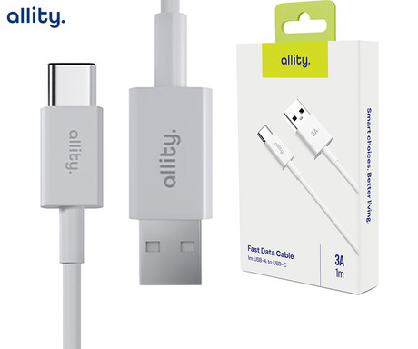 ALLITY AUC-03 kabel, USB-A na USB-C, 60W, 3A, 1m, univerzalni, polnjenje / napajanje / prenos podatkov, Plug&Play, odporen TPU/TPE, +Velcro trak, bel
