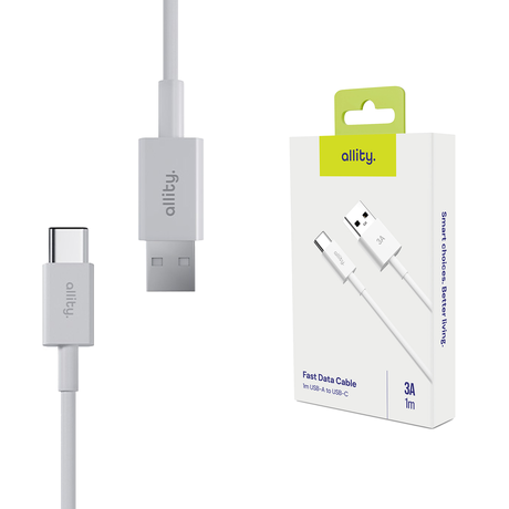 ALLITY AUC-03 kabel, USB-A na USB-C, 60W, 3A, 1m, univerzalni, polnjenje / napajanje / prenos podatkov, Plug&Play, odporen TPU/TPE, +Velcro trak, bel