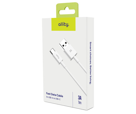 ALLITY AUC-03 kabel, USB-A na USB-C, 60W, 3A, 1m, univerzalni, polnjenje / napajanje / prenos podatkov, Plug&Play, odporen TPU/TPE, +Velcro trak, bel