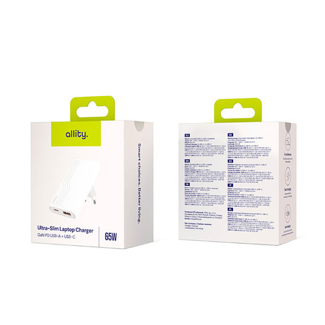 ALLITY ATC-02 GaN polnilec, 65W, 1x USB-C, 1x USB-A, Power Delivery, Quick Charge, polnjenje / napajanje, univerzalna kompatibilnost, Plug&Play, tehnologija GaN, bel