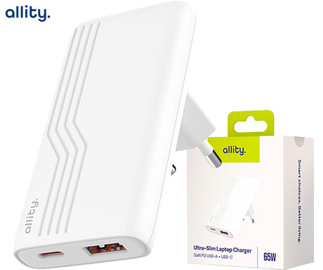 ALLITY ATC-02 GaN polnilec, 65W, 1x USB-C, 1x USB-A, Power Delivery, Quick Charge, polnjenje / napajanje, univerzalna kompatibilnost, Plug&Play, tehnologija GaN, bel