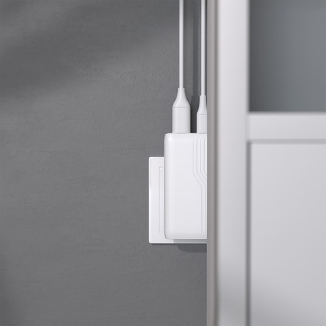 ALLITY ATC-02 GaN polnilec, 65W, 1x USB-C, 1x USB-A, Power Delivery, Quick Charge, polnjenje / napajanje, univerzalna kompatibilnost, Plug&Play, tehnologija GaN, bel