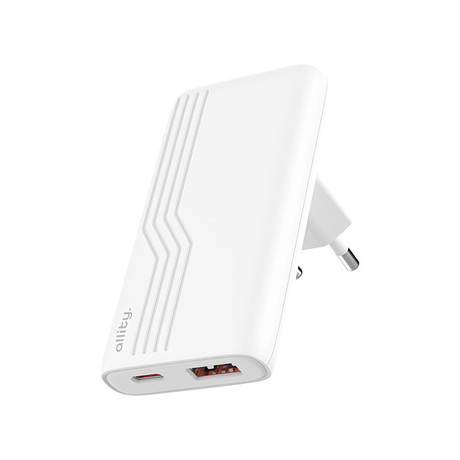 ALLITY ATC-02 GaN polnilec, 65W, 1x USB-C, 1x USB-A, Power Delivery, Quick Charge, polnjenje / napajanje, univerzalna kompatibilnost, Plug&Play, tehnologija GaN, bel