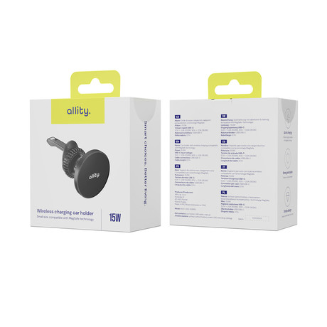ALLITY ACH-300 avto nosilec / polnilec za telefon, 15W brezžično polnjenje, MagSafe / Pixel Snap tehnologija, nastavljiv naklon, USB-C, Plug&Play, priložen kabel, črn