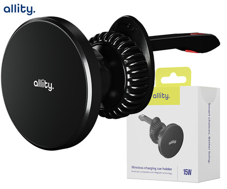 ALLITY ACH-300 avto nosilec / polnilec za telefon, 15W brezžično polnjenje, MagSafe / Pixel Snap tehnologija, nastavljiv naklon, USB-C, Plug&Play, priložen kabel, črn