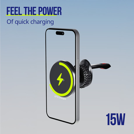 ALLITY ACH-300 avto nosilec / polnilec za telefon, 15W brezžično polnjenje, MagSafe / Pixel Snap tehnologija, nastavljiv naklon, USB-C, Plug&Play, priložen kabel, črn