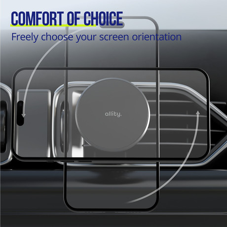 ALLITY ACH-300 avto nosilec / polnilec za telefon, 15W brezžično polnjenje, MagSafe / Pixel Snap tehnologija, nastavljiv naklon, USB-C, Plug&Play, priložen kabel, črn