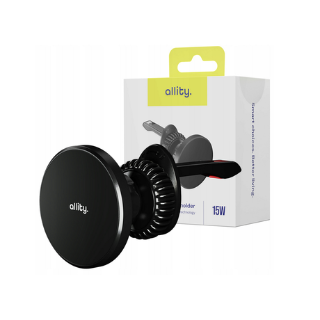 ALLITY ACH-300 avto nosilec / polnilec za telefon, 15W brezžično polnjenje, MagSafe / Pixel Snap tehnologija, nastavljiv naklon, USB-C, Plug&Play, priložen kabel, črn