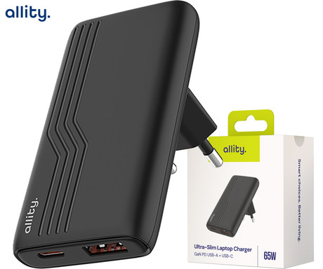ALLITY ATC-02 GaN polnilec, 65W, 1x USB-C, 1x USB-A, Power Delivery, Quick Charge, polnjenje / napajanje, univerzalna kompatibilnost, Plug&Play, tehnologija GaN, črn