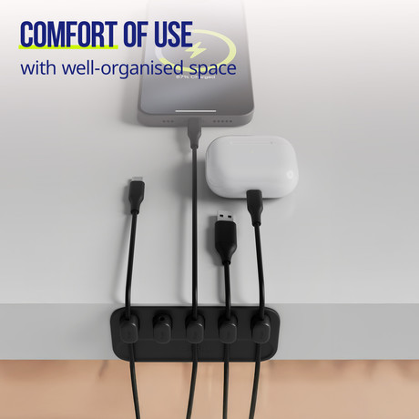 ALLITY ASA-410 organizator za kable, univerzalni, magnetna držala, napeljevanje / organizacija kablov, 3M samolepilna nalepka, trpežen silikon, minimalističen izgled, črn