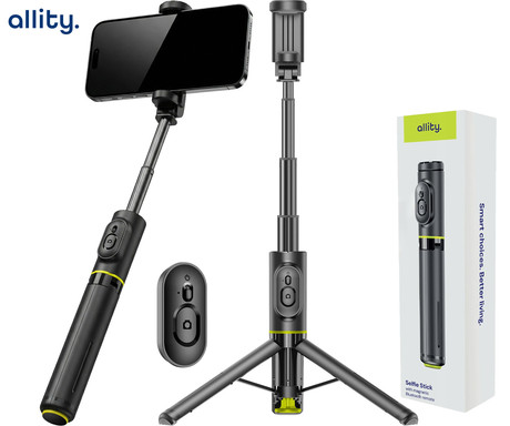 ALLITY ABA-401 selfie stick palica / tripod stojalo za telefon, do 7", univerzalno, nastavljiva dolžina / naklon, AUTO Pop-Up odpiranje, zložljiva oblika, magnetni Bluetooth daljinec, črna