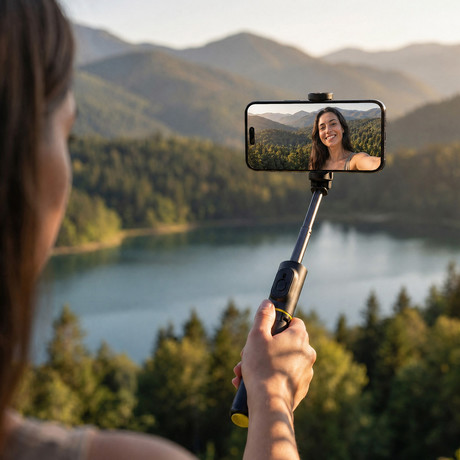 ALLITY ABA-401 selfie stick palica / tripod stojalo za telefon, do 7", univerzalno, nastavljiva dolžina / naklon, AUTO Pop-Up odpiranje, zložljiva oblika, magnetni Bluetooth daljinec, črna