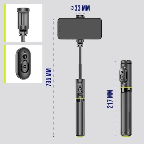 ALLITY ABA-401 selfie stick palica / tripod stojalo za telefon, do 7", univerzalno, nastavljiva dolžina / naklon, AUTO Pop-Up odpiranje, zložljiva oblika, magnetni Bluetooth daljinec, črna