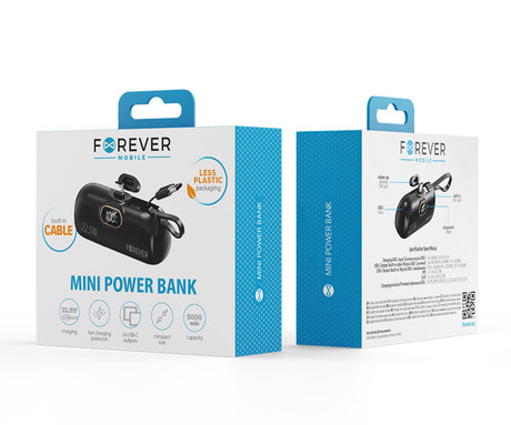FOREVER MTB-100 MINI powerbank polnilna baterija 5.000mAh 22.5W, 2x USB-C, LED zaslon, Pass-Through tehnologija, Power Delivery, Quick Charge, Plug&Play, črna