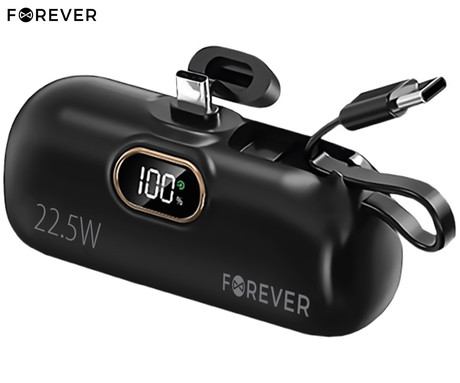 FOREVER MTB-100 MINI powerbank polnilna baterija 5.000mAh 22.5W, 2x USB-C, LED zaslon, Pass-Through tehnologija, Power Delivery, Quick Charge, Plug&Play, črna