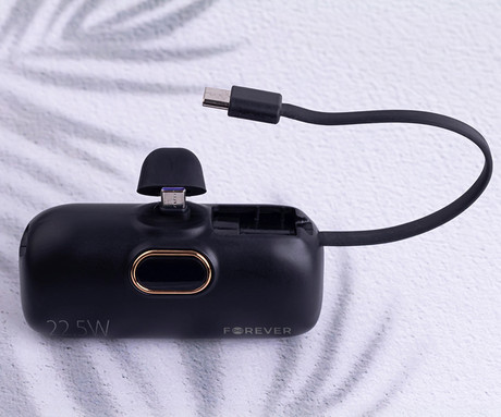 FOREVER MTB-100 MINI powerbank polnilna baterija 5.000mAh 22.5W, 2x USB-C, LED zaslon, Pass-Through tehnologija, Power Delivery, Quick Charge, Plug&Play, črna