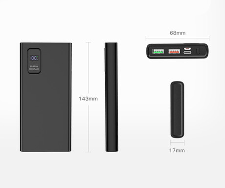 Platinet PMPB10WQC726B powerbank polnilna baterija, 10.000mAh, Quick Charge 3.0, Power Delivery 3.0, 2x USB Type-A, 1x USB Type-C, 1x microUSB, LED zaslon, priložen kabel, črna