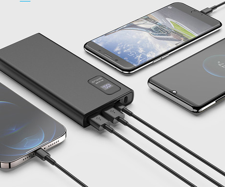 Platinet PMPB10WQC726B powerbank polnilna baterija, 10.000mAh, Quick Charge 3.0, Power Delivery 3.0, 2x USB Type-A, 1x USB Type-C, 1x microUSB, LED zaslon, priložen kabel, črna