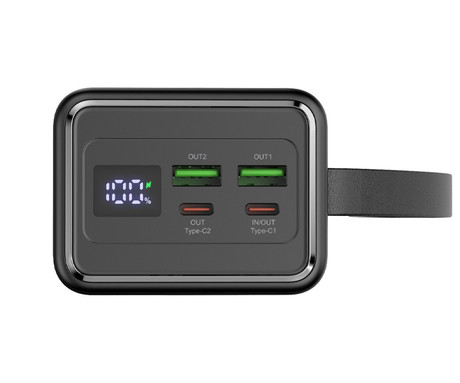 Platinet PMPB4065 powerbank polnilna baterija, 65W, 40.000mAh, Quick Charge 3.0, Power Delivery, SCP, 2x USB Type-A, 2x USB Type-C, digitalni zaslon, LED luč, črna