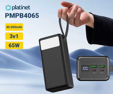 Platinet PMPB4065 powerbank polnilna baterija, 65W, 40.000mAh, Quick Charge 3.0, Power Delivery, SCP, 2x USB Type-A, 2x USB Type-C, digitalni zaslon, LED luč, črna