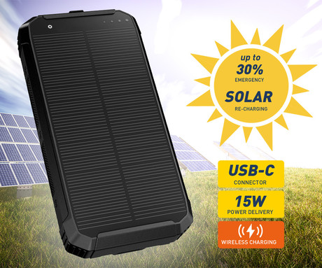 Platinet PMPB10SPW15 SOLAR powerbank polnilna baterija, 15W, 10.000mAh, 2x USB Type-A, 1x USB Type-C, solarno polnjenje, Qi brezžični polnilec, LED luč, črna