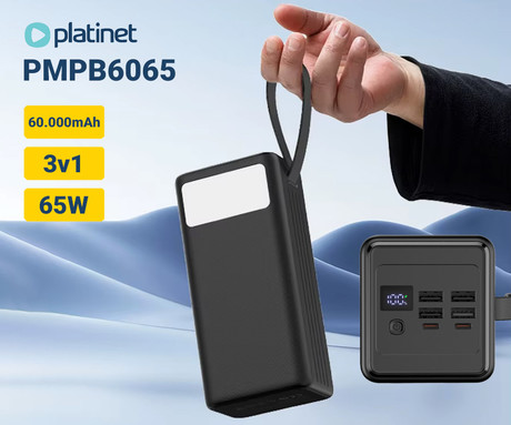 Platinet PMPB6065 powerbank polnilna baterija, 65W, 60.000mAh, Quick Charge 3.0, Power Delivery, SCP, 4x USB Type-A, 2x USB Type-C, digitalni zaslon, LED luč, črna