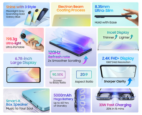 Blackview SHARK 8 pametni telefon, 6.78", 8GB+128GB, 4G LTE, IPS 2.4K FHD+, 120Hz, Android, 5000mAh, Dual SIM, GPS, + ovitek, črno siv (Moonlight Gray)