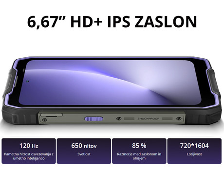 Blackview ROCK 2 robustni pametni telefon, 6.67", 5G, 12GB+256GB, HD+ IPS, 120Hz, Android, 3v1 AI, 15000mAh, WIFI 5, BT 5.0, Dual SIM, GPS, NFC, IP68 & IP69K & MIL-STD-810H, vijoličen