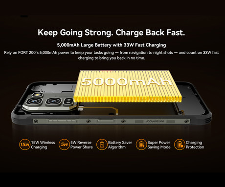 Blackview FORT 200 robustni pametni telefon, 6.78", 4G LTE, 12GB+256GB, FHD+ IPS, 120Hz, Android, 3v1 AI, 5000mAh, WIFI 5, BT 5.2, Dual SIM, GPS, NFC, IP68 & IP69K, črn (Phantom Black)