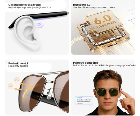 Blackview D1 PRO pametna očala, AI Assistant, klicanje / glasba, Wear-Detection funkcija, samodejni vklop / izklop, BT 6.0, STEREO zvočniki, mikrofon, polnilna baterija, zatemnjena UV stekla, srebrna