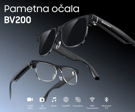 Blackview BV200 pametna očala, ChatGPT AI, slikanje / snemanje / klicanje / glasba / prepoznava, 32GB ROM, BT 6.0, WIFI, 8MP SONY kamera, STEREO zvočniki, polnilna baterija, zatemnjena stekla, črna