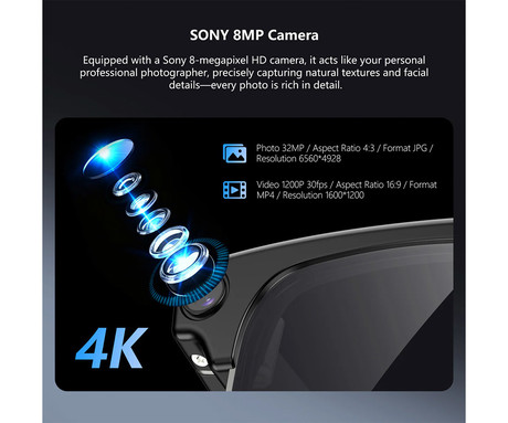 Blackview BV200 pametna očala, ChatGPT AI, slikanje / snemanje / klicanje / glasba / prepoznava, 32GB ROM, BT 6.0, WIFI, 8MP SONY kamera, STEREO zvočniki, polnilna baterija, zatemnjena stekla, črna