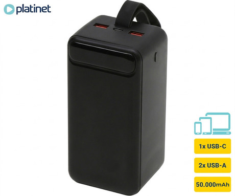 Platinet PMPB5020B powerbank polnilna baterija, 50.000mAh, Quick Charge 3.0, Power Delivery 3.0, 2x USB Type-A, 1x USB Type-C, 1x microUSB, digitalni zaslon, črna